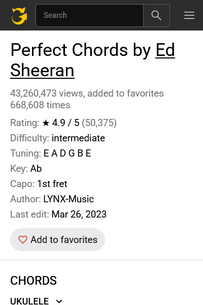 Example of the music sheet (Perfect by Ed Sheeran) from Ultimate Guitar